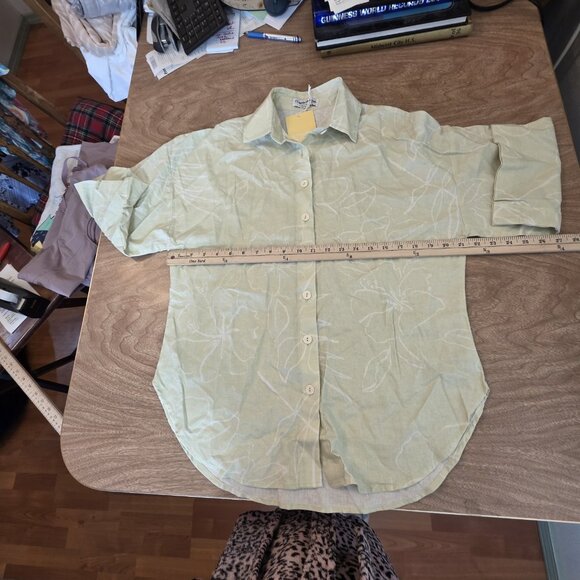 🔴 Charlie Holiday Shirt Linen Blend Womens Small Green Casual Oversized Floral - Picture 12 of 16